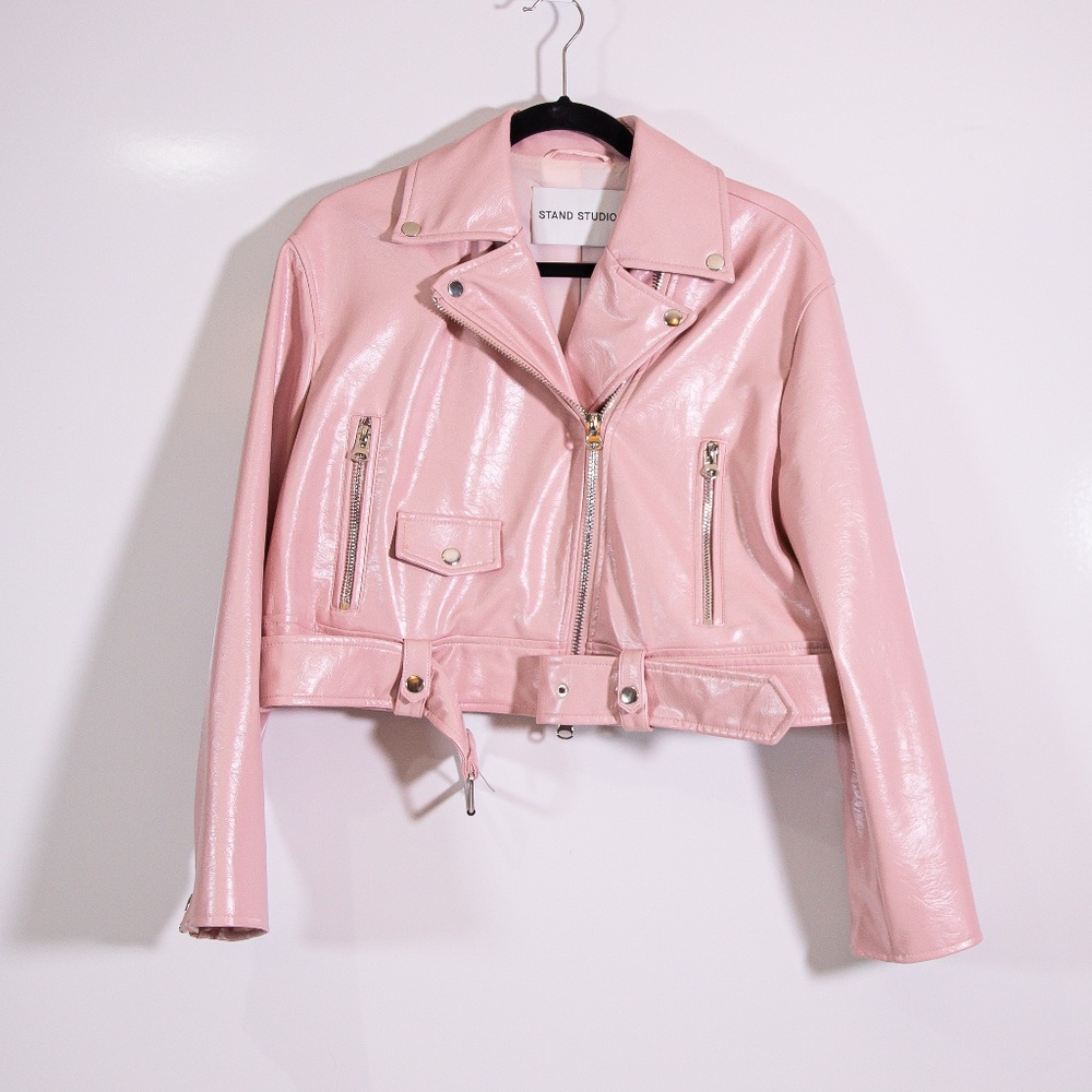 Stand Studio Selena Faux Vegan Leather Moto Biker Jacket Dusty Rose Pink Small